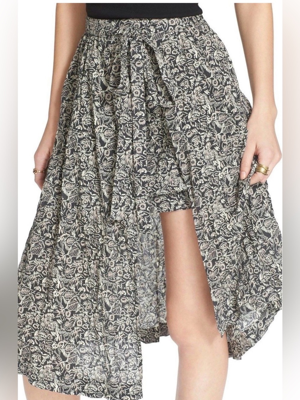 Free People Black Combo Love Train Asymmetrical Hem Wrap Midi Skirt Sz 2